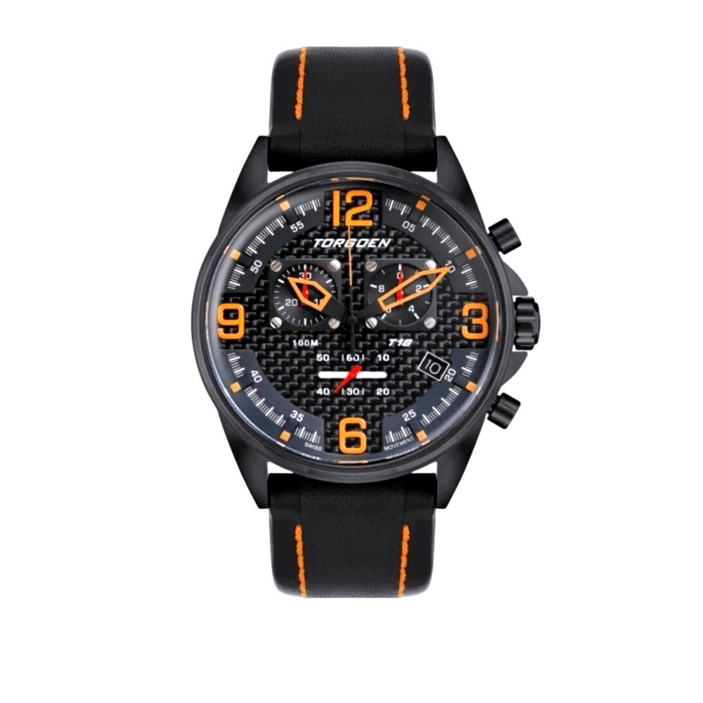 Torgoen T18 Chronograph Pilot Watch 45mm Carbon Filter Black Orange NEW w box